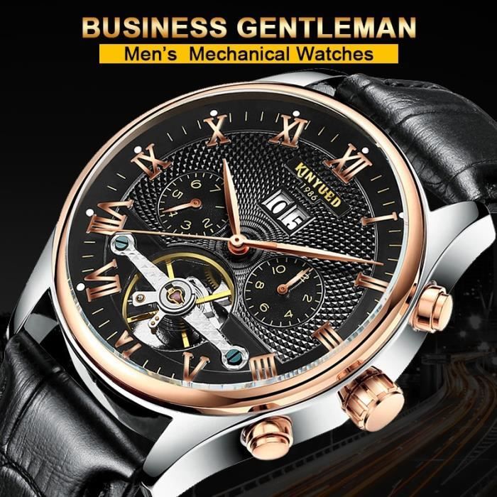 Montre Automatique Squelette Montre Homme Calendrier MéCanique ImperméAble Et Cuir Avec BoîTe Cadeau