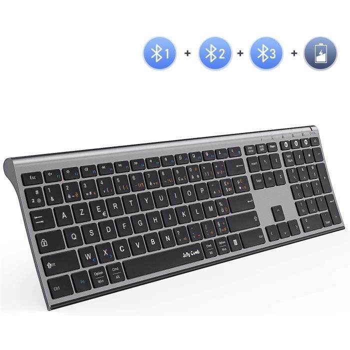 Jelly Comb Clavier sans Fil Ultra-Mince avec 3 Canal Bluetooth Clavier AZERTY Rechargeable à Pleine Taille pour PC, Tablette, téléph