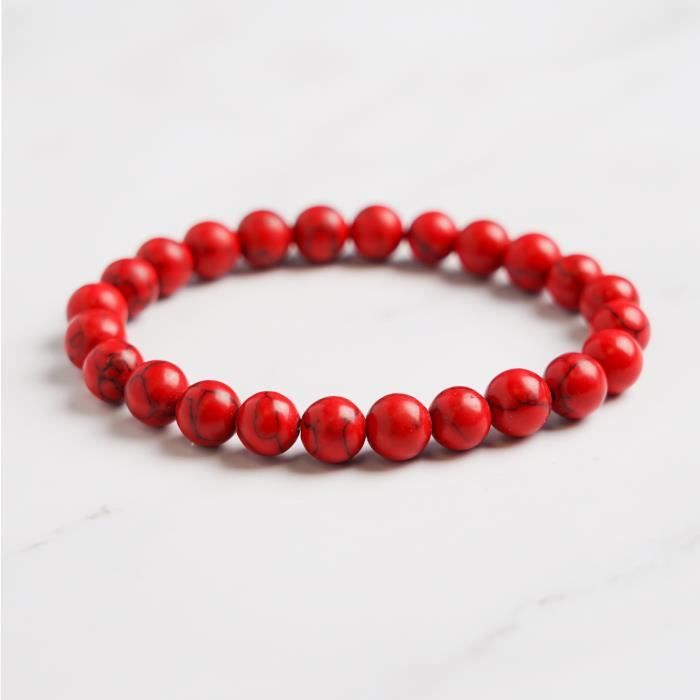 Bracelet Pierre Naturelle Howlite rouge 8mm , Bracelet perle , Pierre Précieuse pour homme et femme