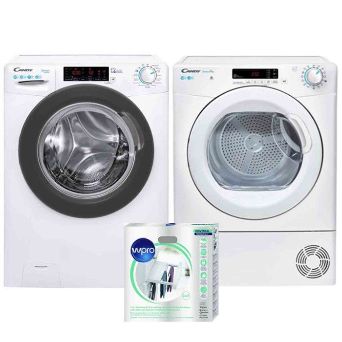 PACK CANDY Lave-linge frontal 10kg 1400trs/min + Sèche-Linge Frontal Condensation 10kg + Kit de Superposition 58 Blanc