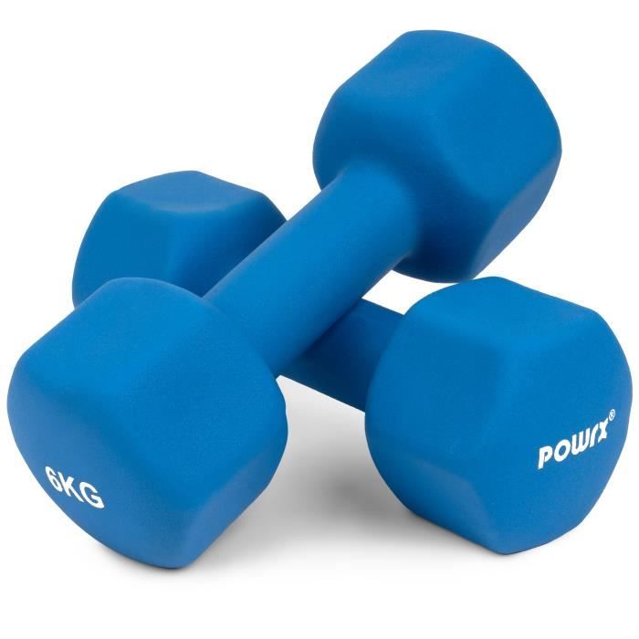POWRX Haltères hexagone en néoprène (Bleu, 2 x 6 kg)