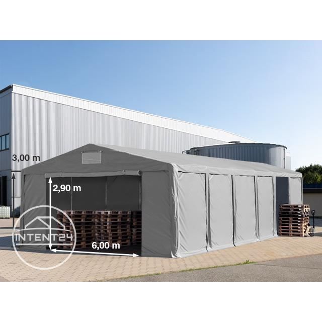 TOOLPORT tente de stockage 8x12 m PVC, H. 3 m, portes à fermeture Eclair, gris