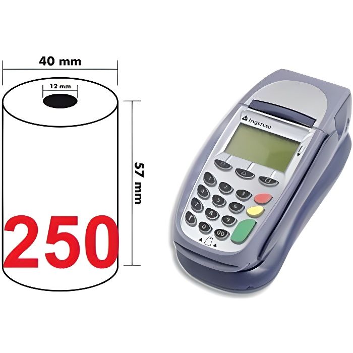 boite de 250 Rouleaux-bobines de papier thermique standard 57 x 40 x 12 pour terminal de paiement carte bancaire - tpe