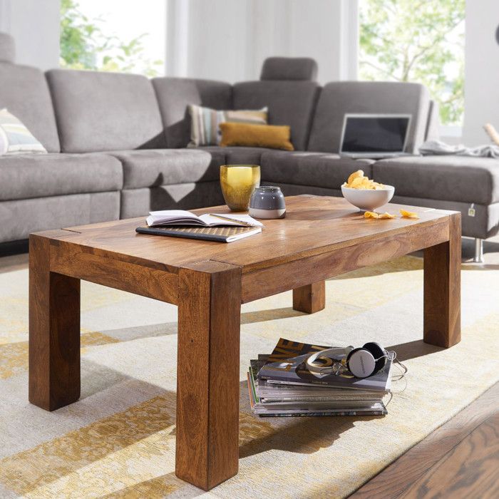 WOHNLING table basse en bois massif Sheesham 110cm de large salon table design sombre table de style campagnard brun
