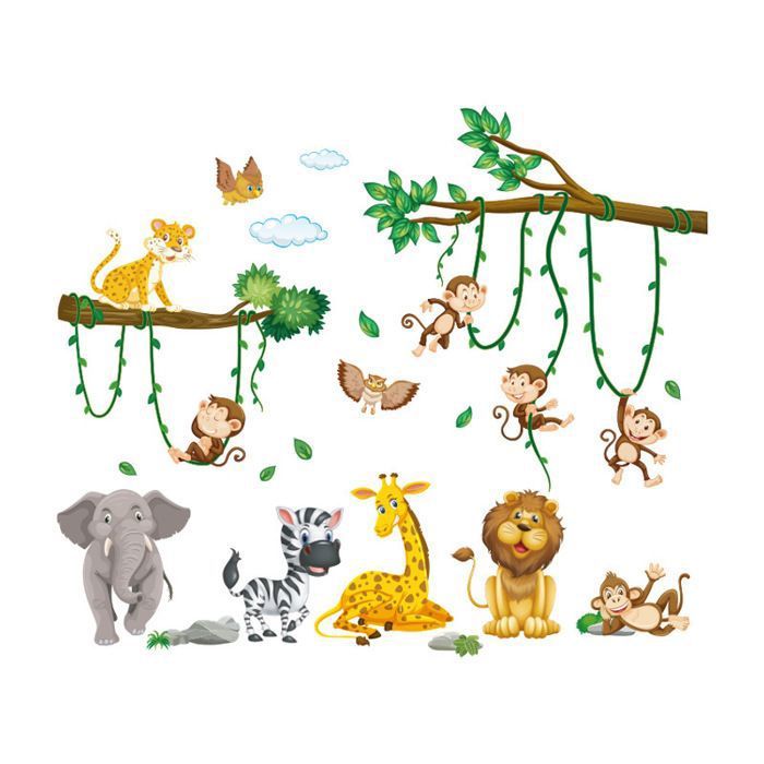 DecalMile Stickers Muraux Animaux Jungle 3D - Autocollants Safari Éléphant Girafe Tigres Pour Chambre Enfants Bébé Pépinière