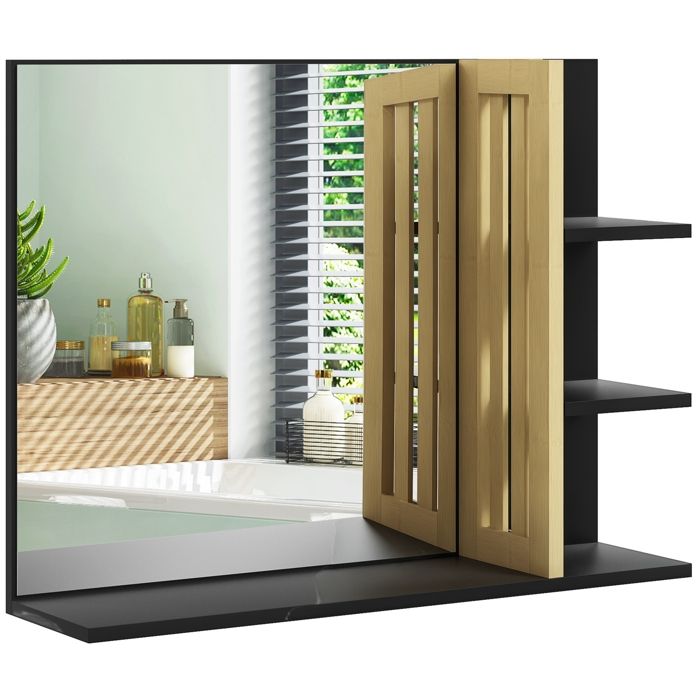 Miroir mural de salle de bain HOMCOM avec étagères de rangement - 3 étagères latérales + 1 étagère inférieure - bois de bambou