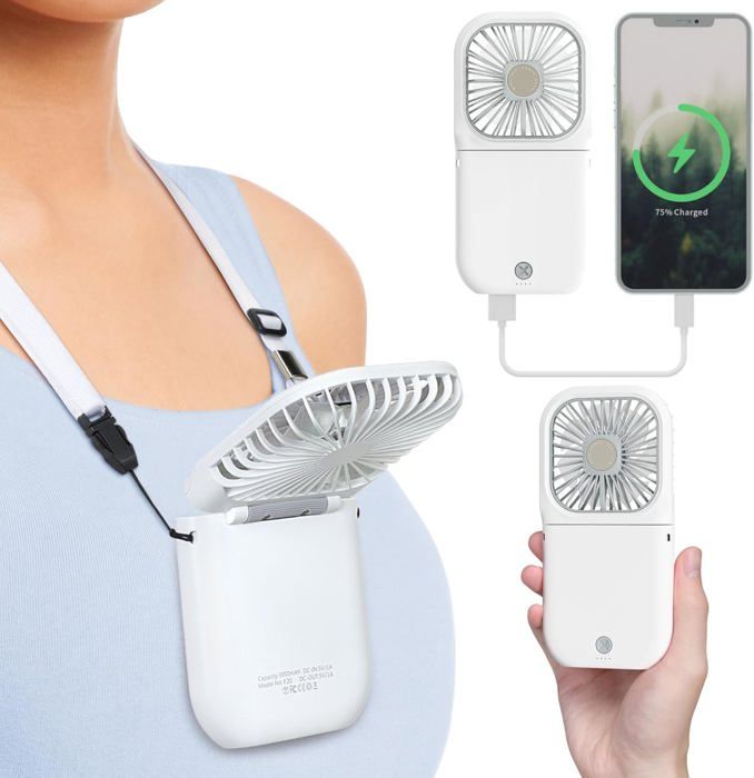 Mini ventilateur portable - Blanc - Rechargeable - 3 vitesses - Pliable - Mains libres - Aveki