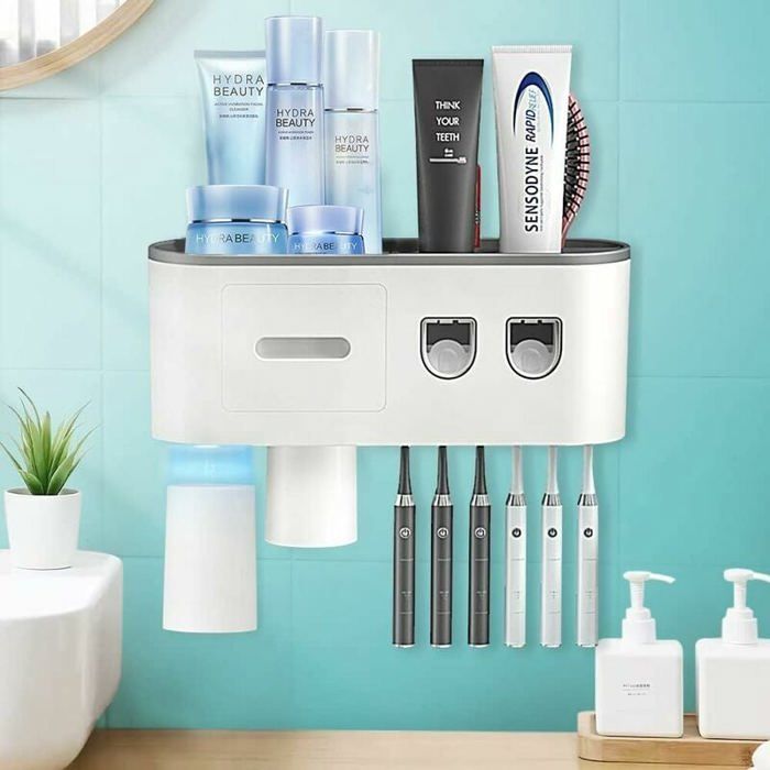 Porte-brosse dents mural avec 2 distributeurs automatiques 6 porte-brosses tasses magntiques gris pour couleurs multiples Largeight
