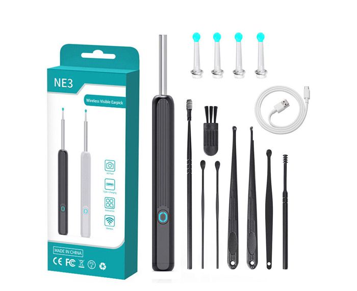 Otoscope sans fil pour caméra auriculaire nettoyeur doreilles élimination du cérumen - Noir
