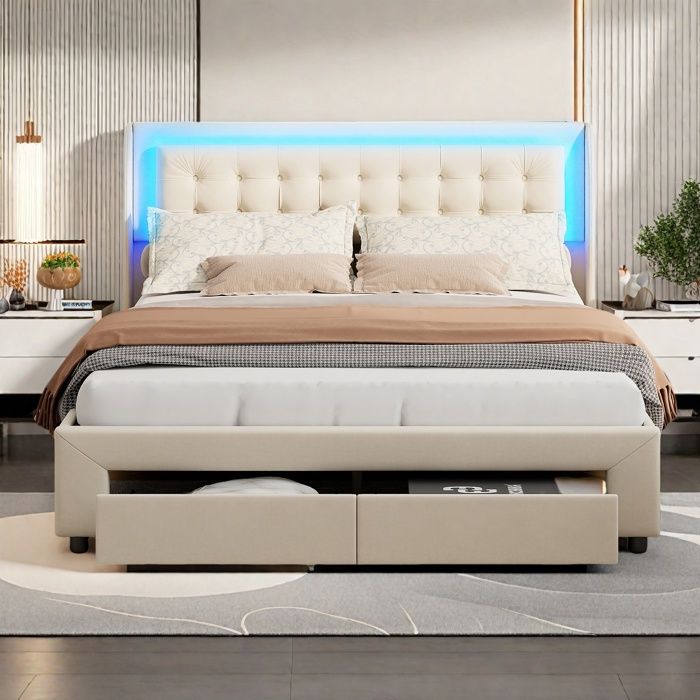 Lit Double 180x200 Cm Avec Tête De Lit Velours Et Tiroirs – Coffre Hydraulique, Veilleuse LED, Ports USB-C – Gris Foncé