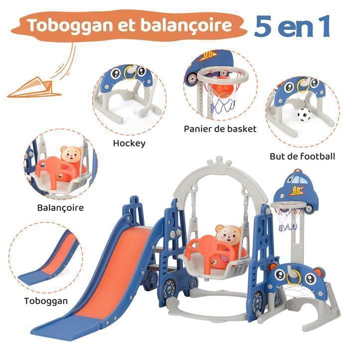 5 en 1 Toboggan pour enfants avec balançoire toboggan panier de basket but de football un jeu de lasso hockey Bleu