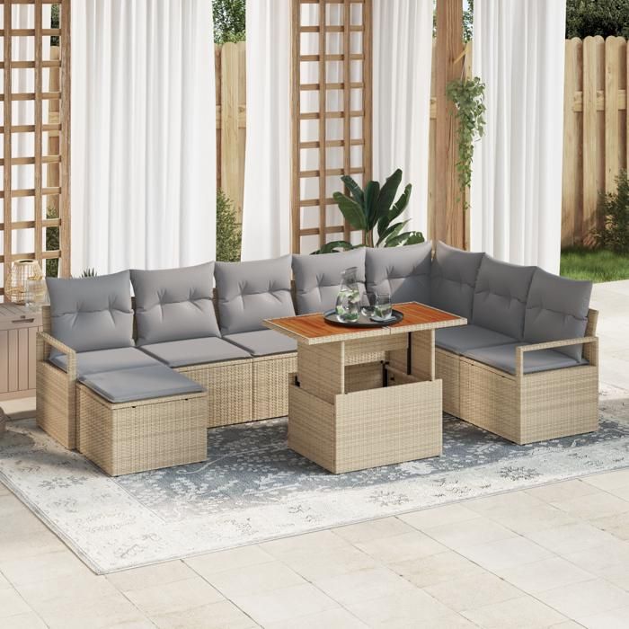Ensemble de canapé de jardin 9 pièces avec coussins en rotin poly beige Canapé de jardin 2 places avec rangement et 3358485