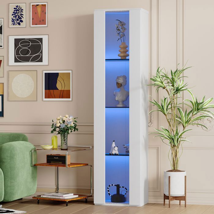 Vitrine Armoire - Becag - Vitrine haut avec éclairage LED - Vitrine Moderne avec porte - 40x29x170cm - plaque en acrylique - Blanc