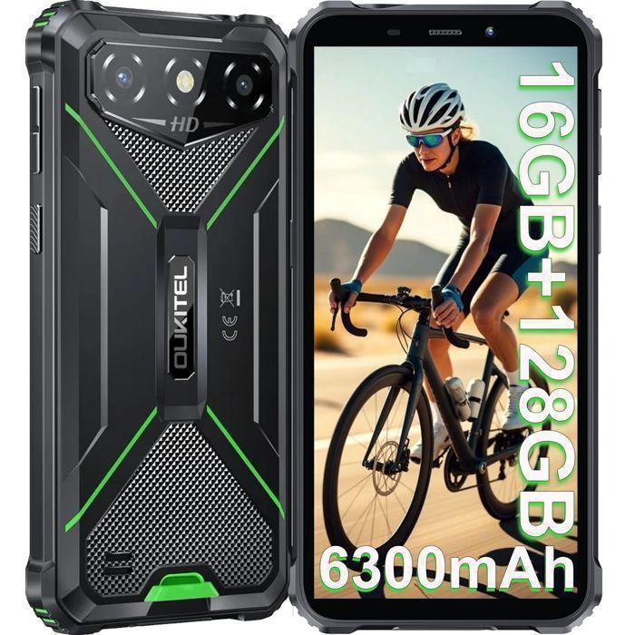 Smartphone Robuste OUKITEL G3 16GB+128GB 6300mAh 6 HD+ IPS Téléphone Portable Incassable Android 14 Double SIM 4G/GPS/Face ID Vert