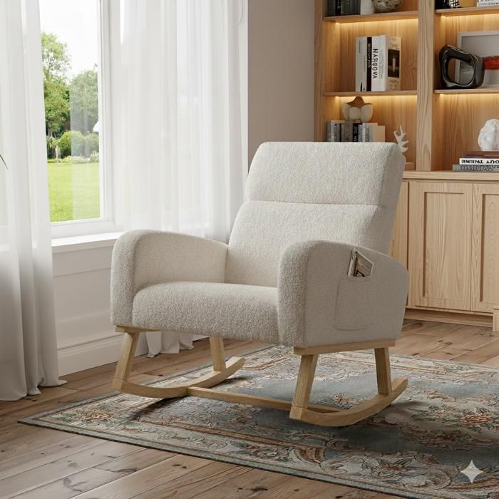 Fauteuil à bascule - Dossier haut accoudoirs rembourrés poches latérales -  69x78x87 cm - Charge 150kg - Rocking chair - beige