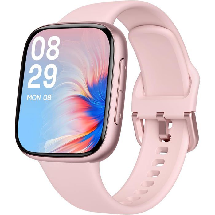 Montre Connectée Femme Écran AMOLED Ultra-Clair Étanche 3ATM Natation Appels Bluetooth Suivi Cardio/Sommeil/100 Sports Rose