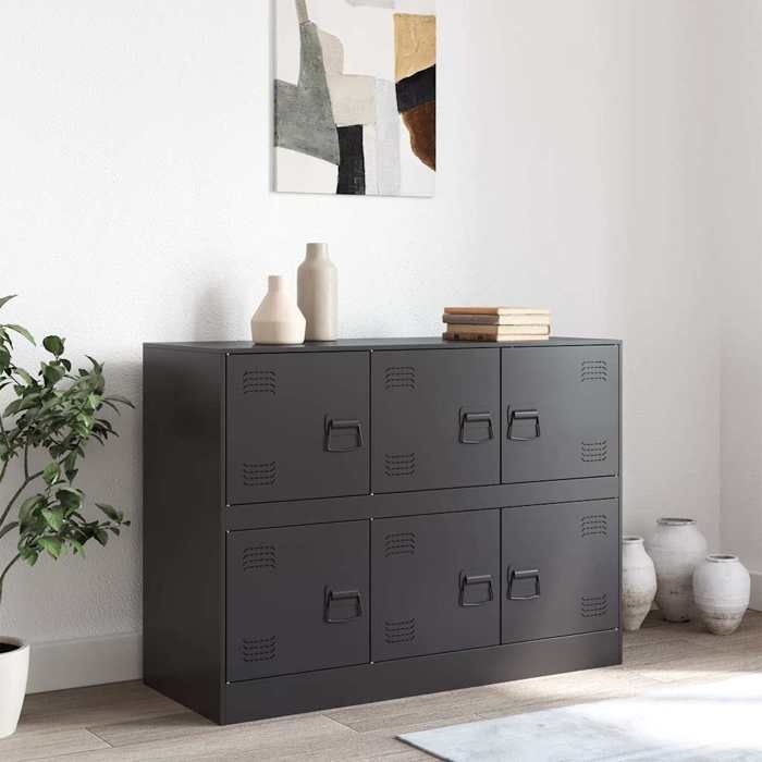 Buffet en acier - vidaXL - 99x39x73 cm - Noir - Acier laminé à froid - 6 compartiments - 6 poignées en métal