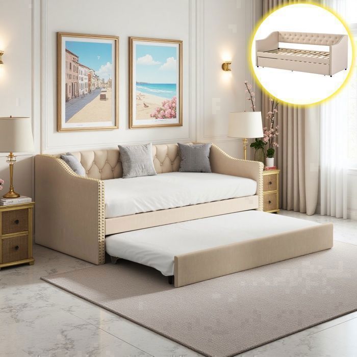 Canapé-lit Gigogne 90x200cm Canapé-lit Convertible avec sommier à Lattes Canapé Convertible Extensible sans Matelas Beige