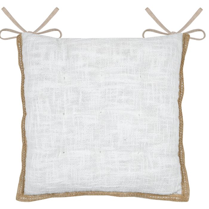 Galette de chaise matelassée poly-coton et jute Blanc 38x38 cm