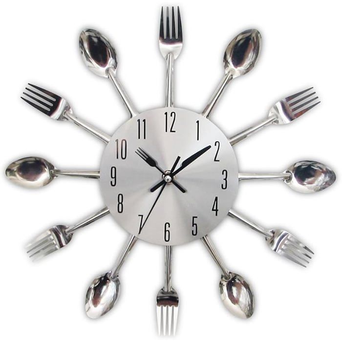 effet miroir avec cuillère fourchette autocollant amovible en 3D pour la décoration de la maison Argenté - 33 Cm# argent HORLOGE
