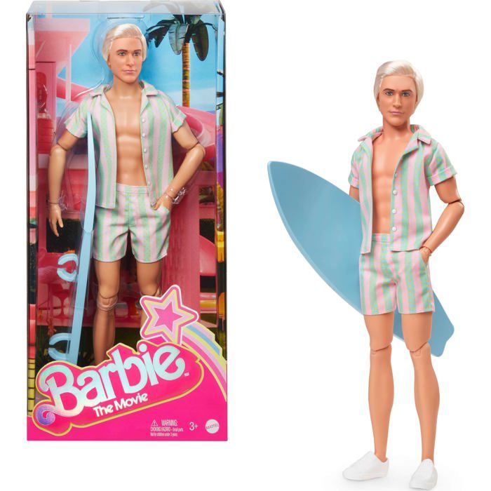 Poupée Ken du film Barbie - Barbie - Ensemble de plage - Planche de surf - Baskets blanches