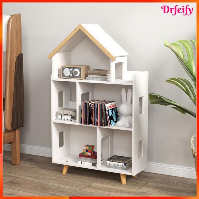 8536 Étagère de rangement pour jouet enfant et livres forme de maison 3 niveaux 65 x 25 x 108 5 cm blanc et naturel