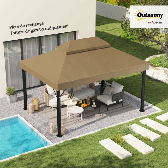 Toile de rechange pour pavillon toile de tonnelle 4 x 3 m double toit avec trous de drainage polyester 370 g/m² beige