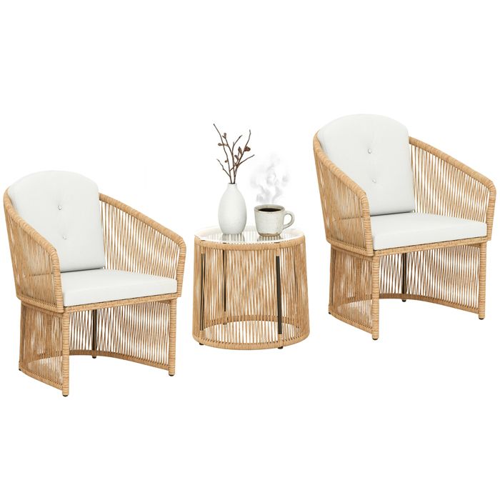 Salon de jardin extérieur - Outsunny - résine tressée - table de jardin avec 2 chaises - plateau en verre coussins - crème