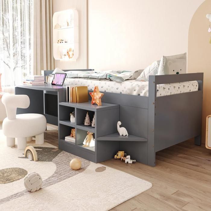 Lit simple 90x190 cm avec bureau et rangements Lit enfant avec prises électrique Cadre de lit 1 Personne en gris