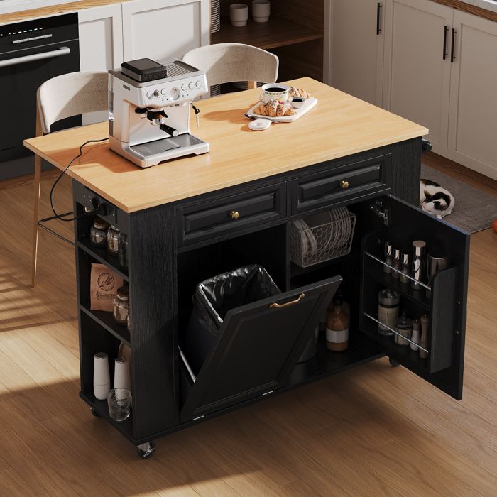 ilot de cuisine sur roulettes avec Poubelle et Porte Serviettes Table à Manger Extensible avec multiprises Noir 120×40-70×92cm