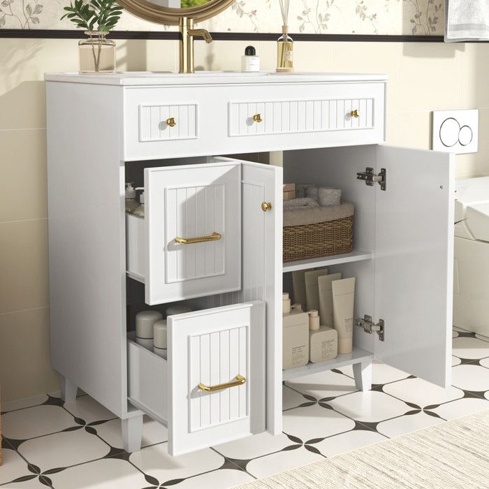 Bladez - Meuble salle de bain avec lavabo Armoire salle de Bain Avec deux portes et deux tiroirs avec Vasque en céramique Blanc