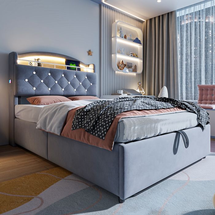 Lit enfant rembourré - KOMHTOM - 90x200 - Velours gris - Rangement relevable & LED - Ports USB/USB‑C Lit enfant rembourré - KOMHTOM - 90x200 - Velours gris - Rangement relevable & LED - Ports USB/USB‑C