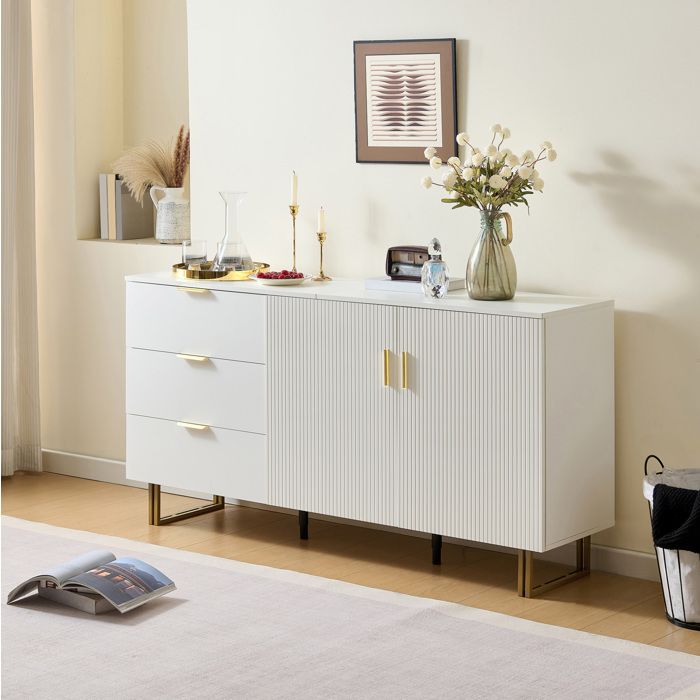 Buffet bas 160 cm EVRYAE blanc avec 3 tiroirs et 2 portes meuble de rangement en MDF pour salon ou salle à manger