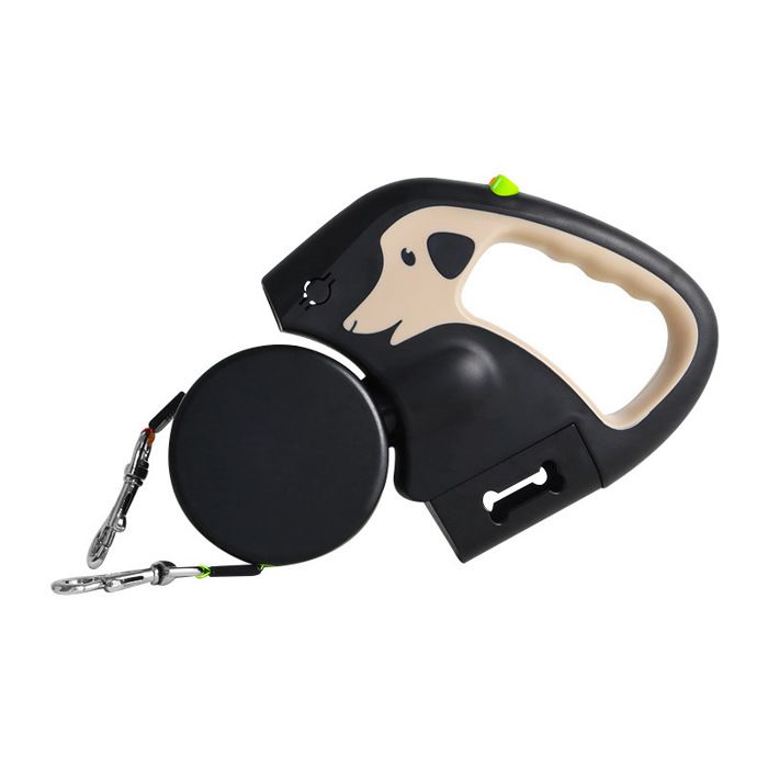 Laisse rétractable rotative pour animaux avec lampe torche et boîte à sacs laisse double pour 2 chiens (kaki)
