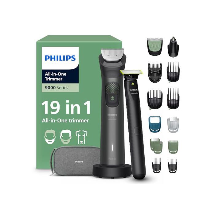 Philips Multigroom série 9000 Tondeuse tout en un 19 accessoires + rasoir OneBlade pour hommes – ensemble tondeuserasoir pour barbe cheveux et corps 27 hauteurs de coupe 0 2 20 mm MG955615