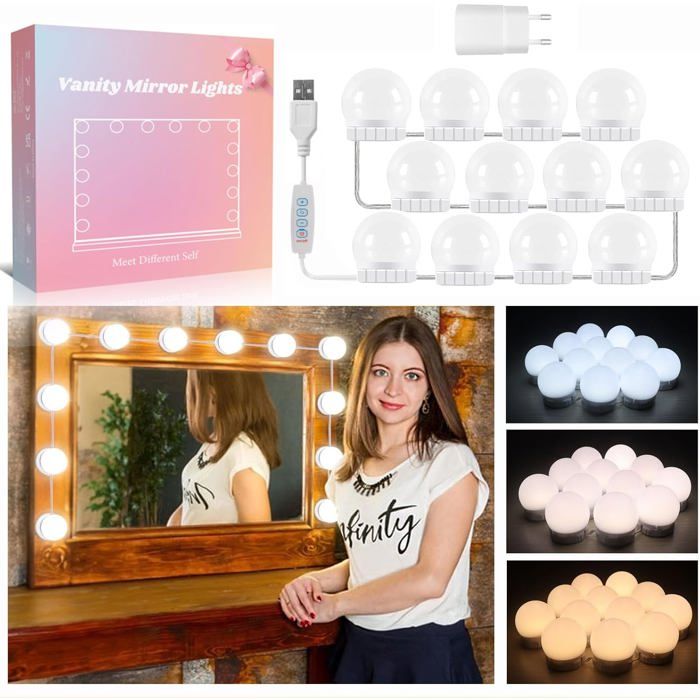Lumière Miroir Coiffeuse 12 Ampoules Hollywood avec Adaptateur USB Câble Réglable 3 Couleurs et 10 Intensités Lampe Coiffeuse
