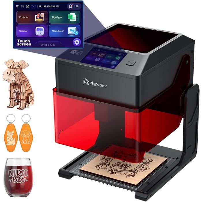 Graveur Laser 5W avec Écran Tactile 35 AlgoLaser Pixi Haute Précision Machine de Gravure Laser Pour Bois/Métal/Verre Etc Noir