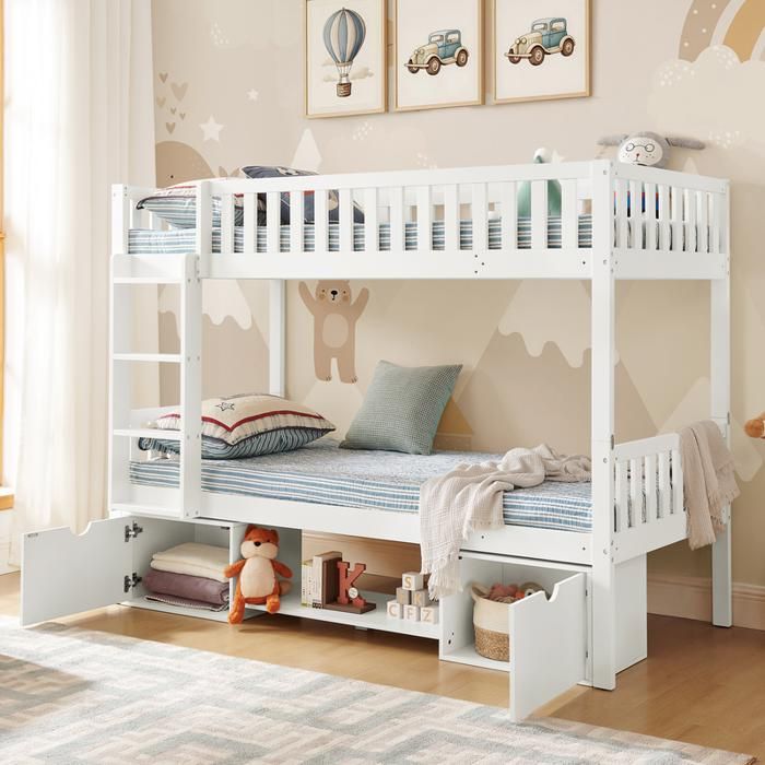 Lit superpose 90×200 cm avec barrières de sécurité et tiroirs de rangement Lit enfant avec échelle Blanc en pin massif
