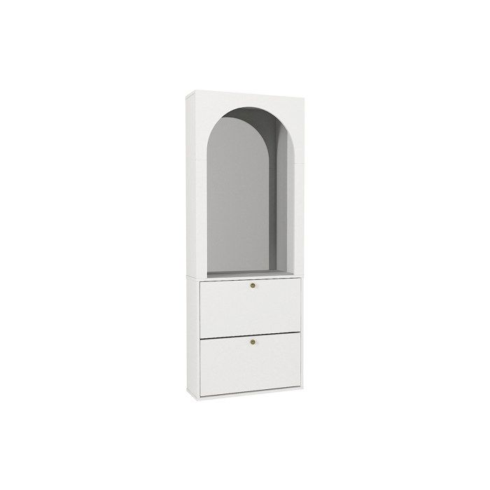 Meuble à chaussures avec 2 compartiments abattants et 1 miroir - Blanc et doré - CYMORA