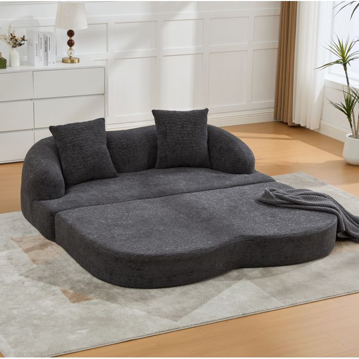 Canapé clic-clac 2 places couchage double 2 coussins ouverture rapide chenille gris foncé multiusage