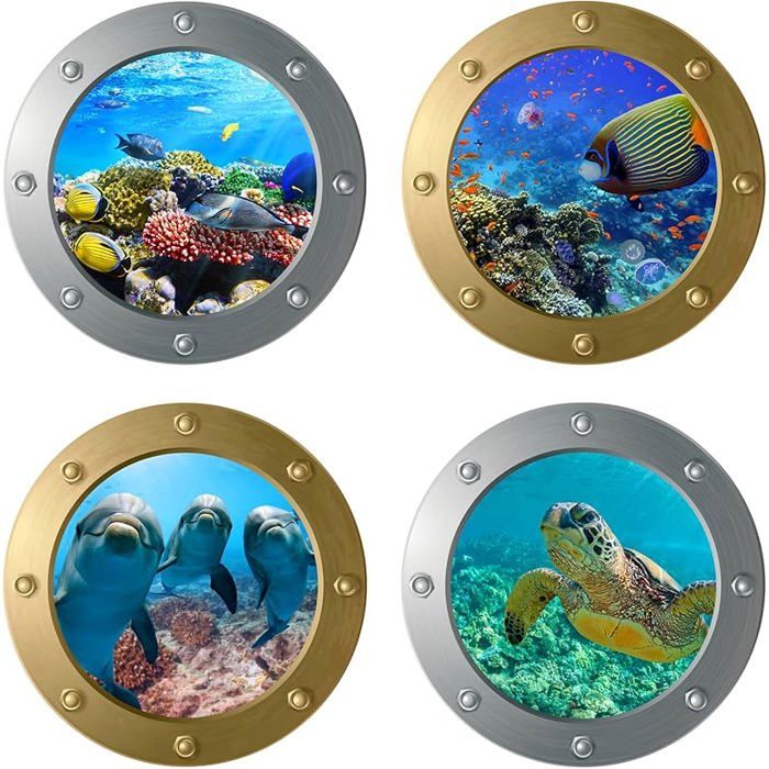 Tatouage Mural 3D Monde Sous-Marin 4 pièces 3D Stickers Muraux Vie Marine Dauphin Fenêtre Autocollants Carrelage Monde Or