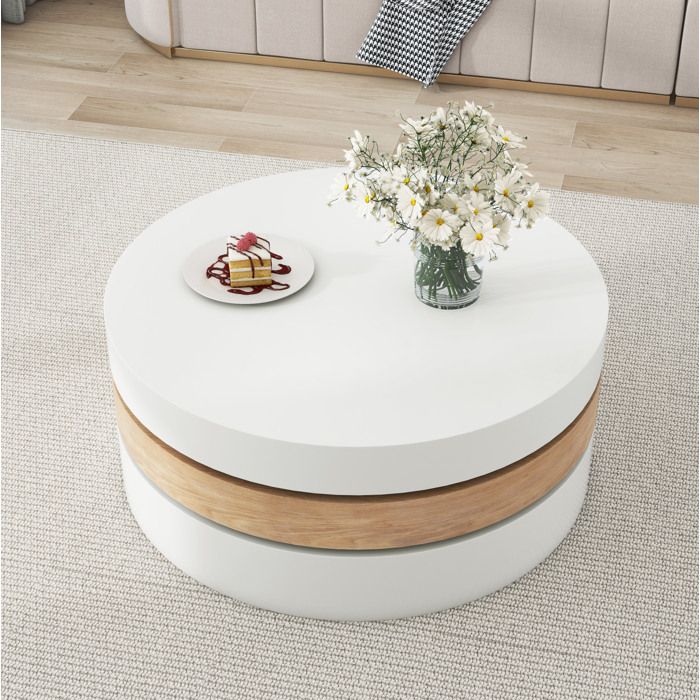 Table basse ronde pivotante 360° 60 x 60 x 351 cm 3 niveaux avec rangement cache MDF blanc et bois naturel