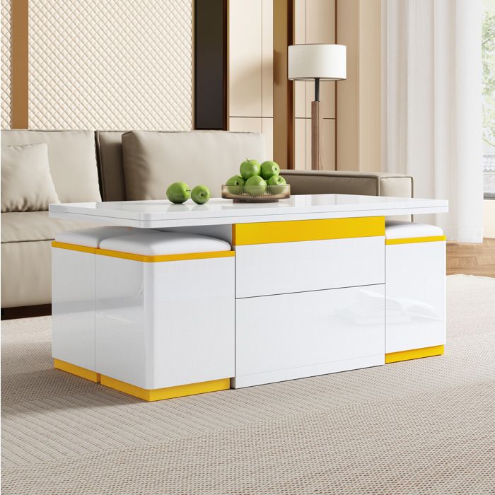 Table Basse Relevable Blanc Jaune Table Modulable FloraGrace Pour Salon 4 Tabourets Rangement 100x50x43cm