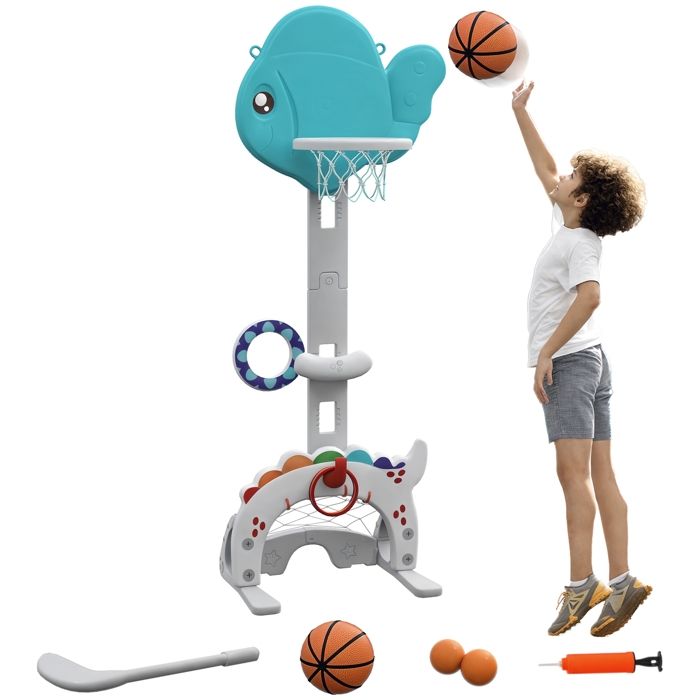 Panier de basket-ball pour enfants 5 en 1 hauteur réglable but de football balle de golf lancer danneaux bleu et gris