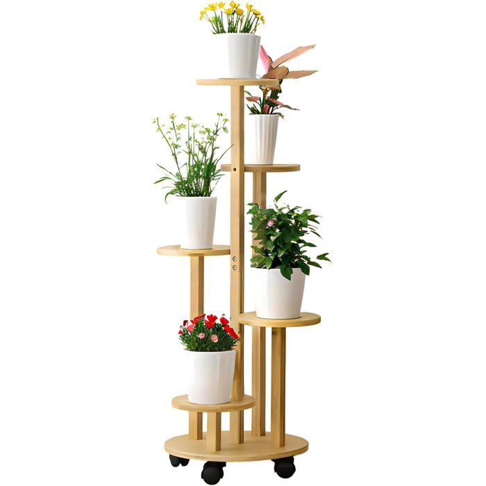 Porte Plante InterieurSupport Plantes Interieur En Bambou4 RoulettesÉtagère Plante 5 Niveaux Stable Pour Petits PotsPour[CA333]