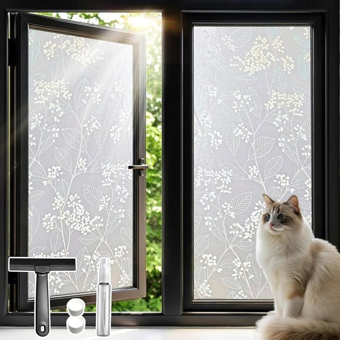 Film Fenetre Anti Feuilles Motif Fleur Film Occultant Films Electrostatique Vitre Fleur Feuilles Motif 60 x 200 FILM POUR VITRAGE