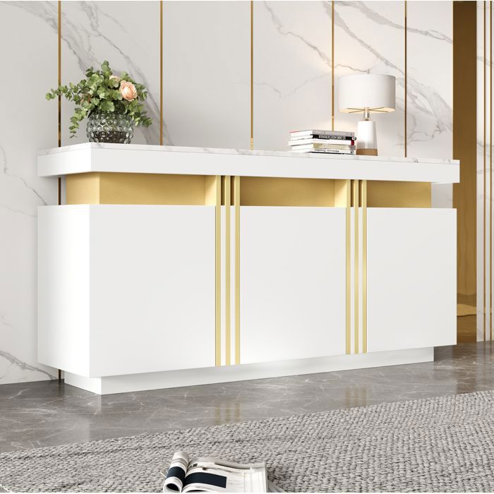 Buffet bas SENVIRO blanc 140 x 38 x 70 cm 3 portes 6 compartiments étagères réglables plateau effet marbre