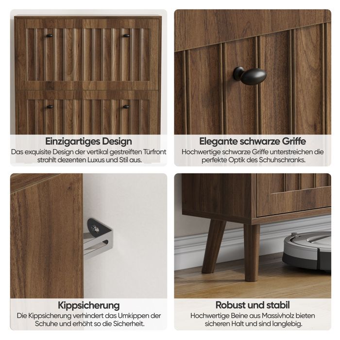 SENVIRO Meuble à chaussures 80 x 24 x 95 cm finition noyer 4 portes rangement vertical et anti-basculement SENVIRO Meuble à chaussures 80 x 24 x 95 cm finition noyer 4 portes rangement vertical et anti-basculement