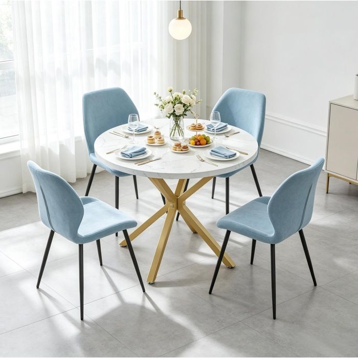 MEUBLIV Table de cuisine ronde Ø100 cm 2 à 4 personnes effet marbre blanc et piètement doré