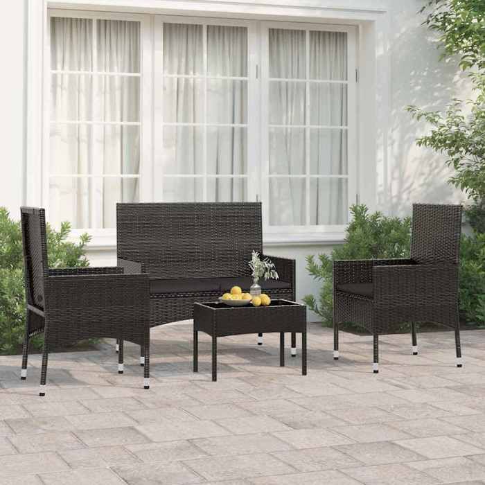 Moderne Salon de jardin - 4 pcs - avec coussins - Noir - Résine tressée - résistant aux intempéries - Mobilier de balcon @FR7768